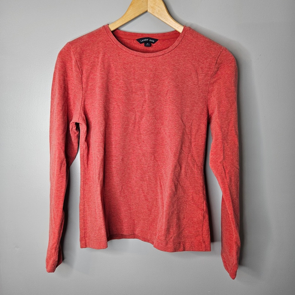 Lands End Womens XS 2-4 Long Sleeve Crew Neck T-Shirt Heathered Red Cotton Blend